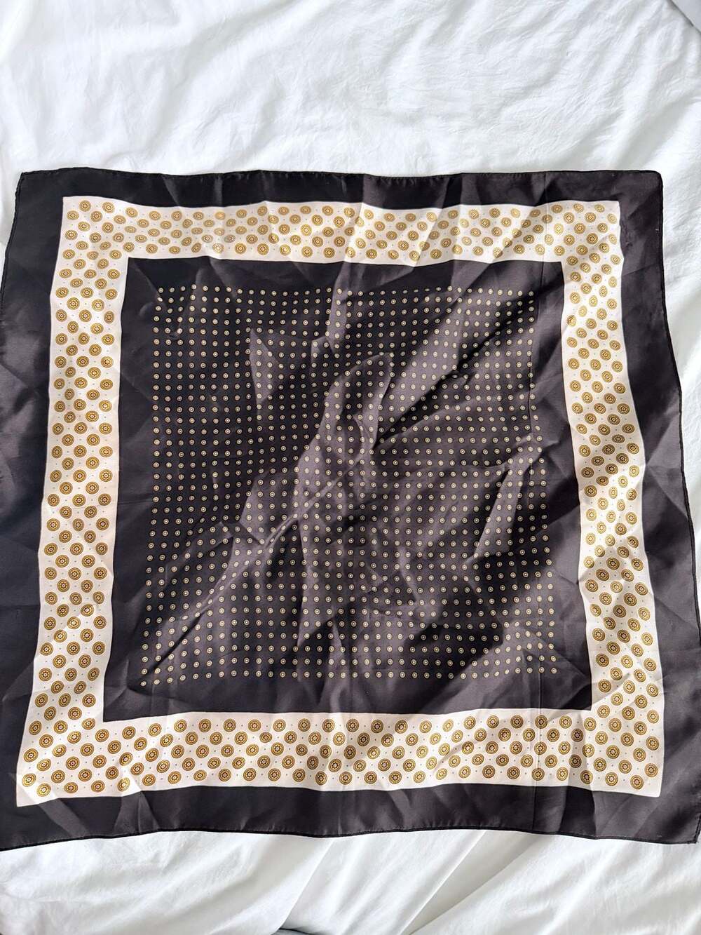 Vintage Silk Twill Square Scarf brown White Gold Geometric Medallion Print